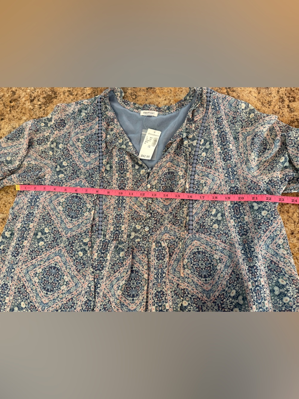 NWT Westport Dressbarn Blue and Pink Paisley V-Neck Peasant Blouse 1x - Picture 5 of 6